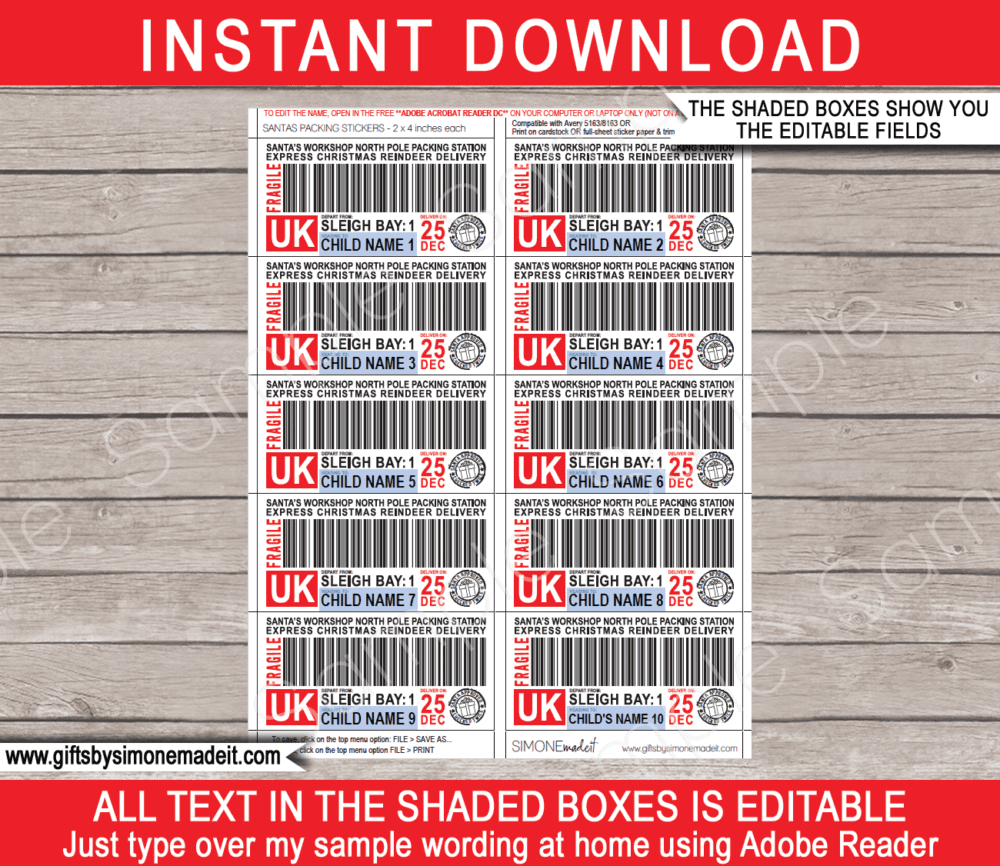 Christmas UK Santa Packing Labels Template | Printable North Pole Shipping Notice | Santa's Workshop Name & Address Mailing Labels | DIY Editable Text | INSTANT DOWNLOAD via giftsbysimonemadeit.com