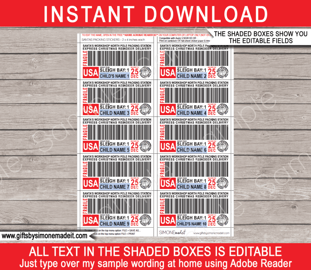 Christmas USA Santa Packing Labels Template | Printable North Pole Shipping Notice | Santa's Workshop Name & Address Mailing Labels | DIY Editable Text | INSTANT DOWNLOAD via giftsbysimonemadeit.com