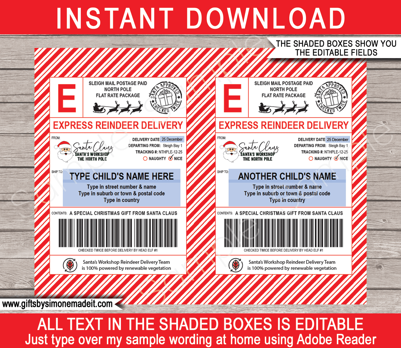 Santa Mail Shipping Labels Template | Printable North Pole Post Stickers | Name & Address Labels from Santa | Sleigh Mail | Christmas Tags | North Pole Post Office | Santa's Workshop | DIY Custom Editable Text | INSTANT DOWNLOAD via giftsbysimonemadeit.com