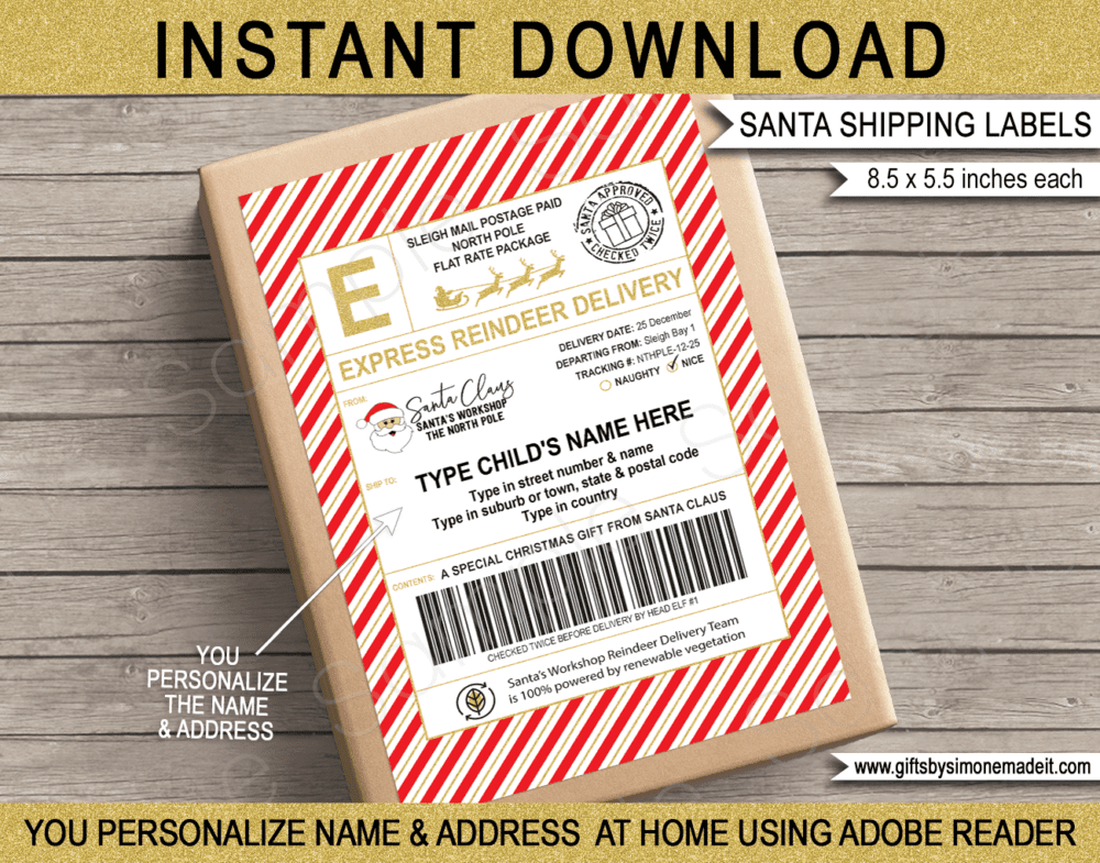Printable Shipping Labels from Santa Template | Christmas Gift Tags | North Pole Post Stickers | Name & Address Labels from Santa | Sleigh Mail | Santa's Workshop | DIY Custom Editable Text | INSTANT DOWNLOAD via giftsbysimonemadeit.com