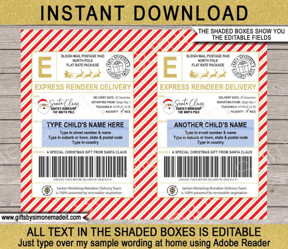 Printable Shipping Labels from Santa Template | Christmas Gift Tags | North Pole Post Stickers | Name & Address Labels from Santa | Sleigh Mail | Santa's Workshop | DIY Custom Editable Text | INSTANT DOWNLOAD via giftsbysimonemadeit.com