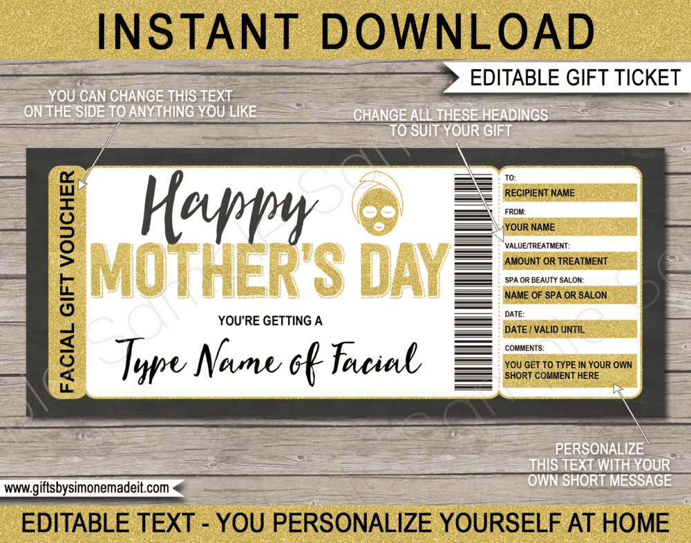 Mother's Day Facial Gift Certificate Template | Print at Home Last Minute Gift for Mom | DIY Editable & Printable | Instant Download via giftsbysimonemadeit.com