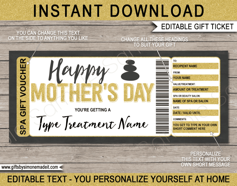 Mother's Day Spa Gift Certificate Template | Print at Home Last Minute Gift for Mom | DIY Editable & Printable | Massage, Manicure, Pedicure, Body Scrub, Facial | Instant Download via giftsbysimonemadeit.com