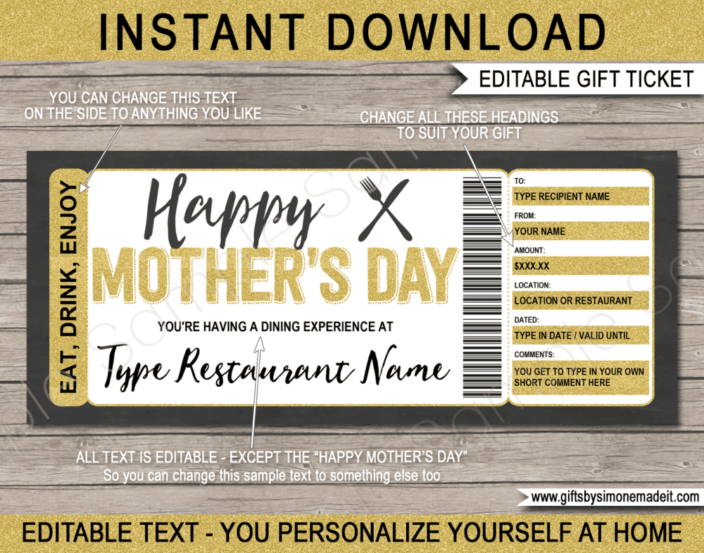 Mother's Day Restaurant Gift Certificate template | Printable Dining Gift Voucher | Download, edit & print at home | Home cooked meal | giftsbysimonemadeit.com