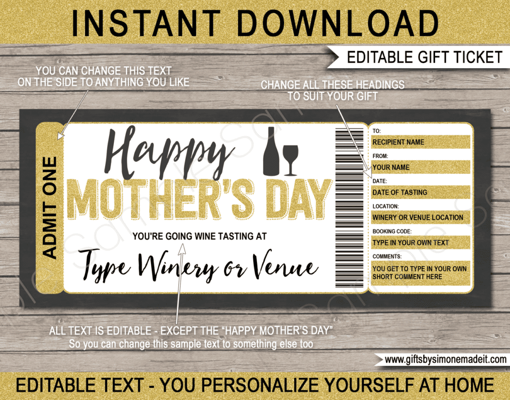 Mother's Day Wine Tasting Gift Certificate template | Printable Winery Gift Voucher | Cellar Door | DIY Edit & Print at home | giftsbysimonemadeit.com