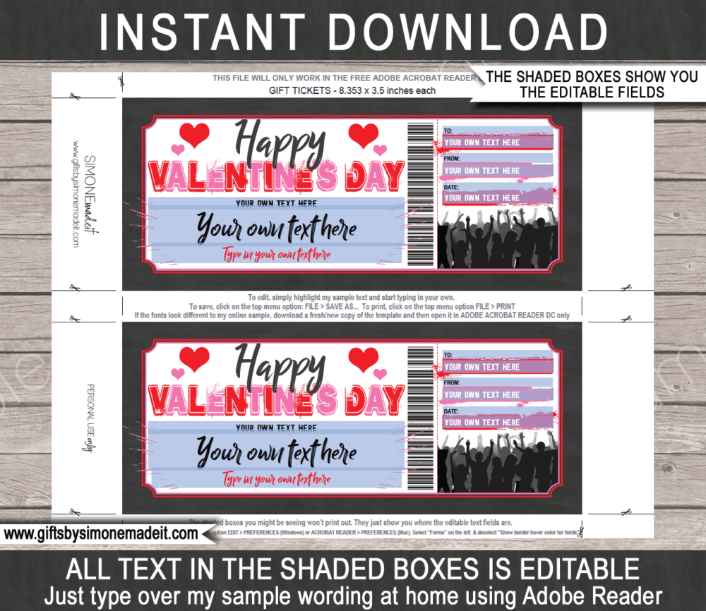 Printable Valentines Day Rock Concert Ticket Template | Band, Artist, Gig, Performance ​Gift Voucher or Certificate | DIY with Editable Text | Last Minute Gift | Instant Download via giftsbysimonemadeit.com