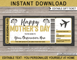 Printable Mothers Day Plane Ticket Coupon Template | Fake Boarding Pass for Mom | Surprise Trip Reveal Idea | DIY Editable Text | INSTANT DOWNLOAD via giftsbysimonemadeit.com