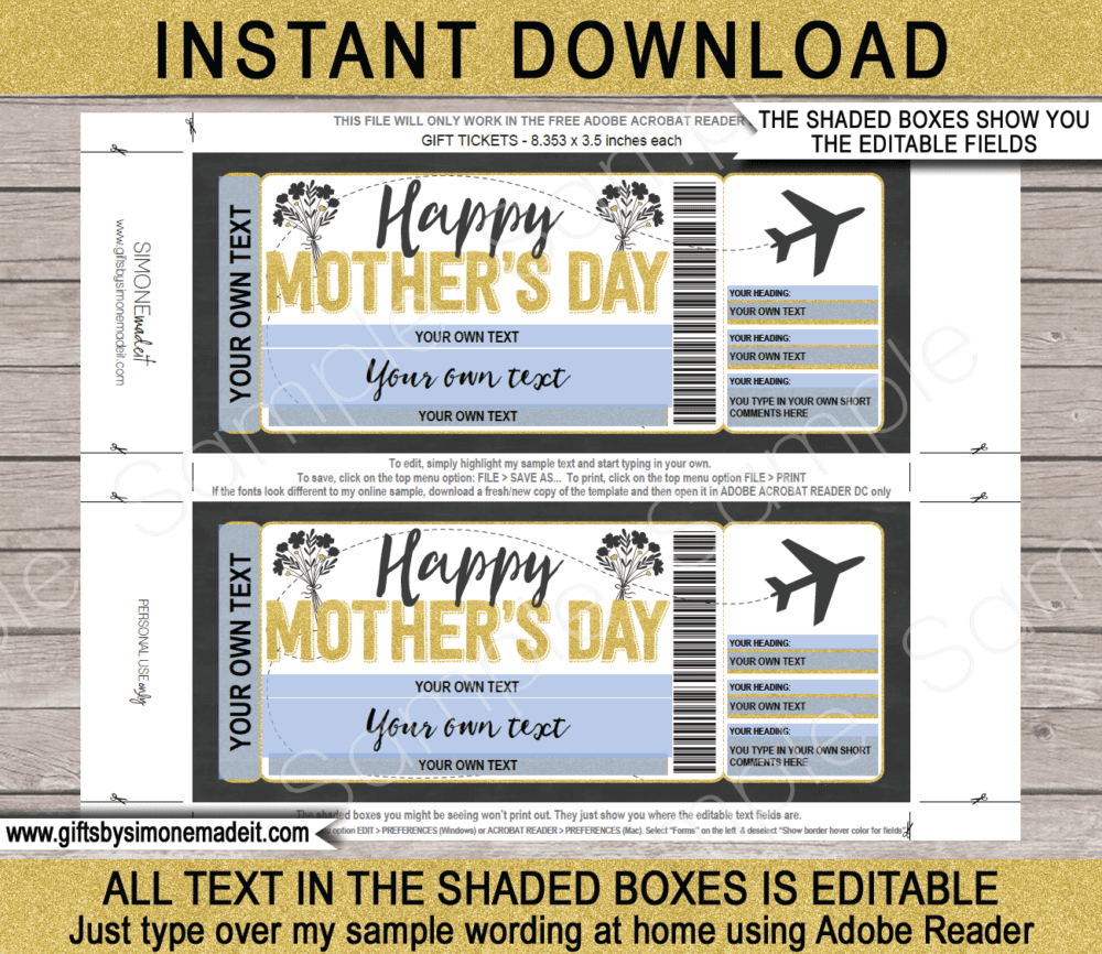 Printable Mothers Day Plane Ticket Coupon Template | Fake Boarding Pass for Mom | Surprise Trip Reveal Idea | DIY Editable Text | INSTANT DOWNLOAD via giftsbysimonemadeit.com