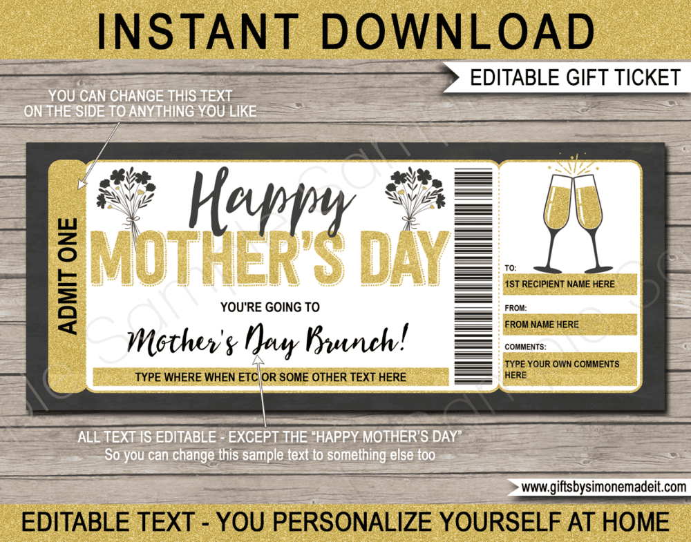 Mothers Day Brunch Coupon Template | Printable Gift Voucher for Mom | Gift Certificate Card | giftsbysimonemadeit.com