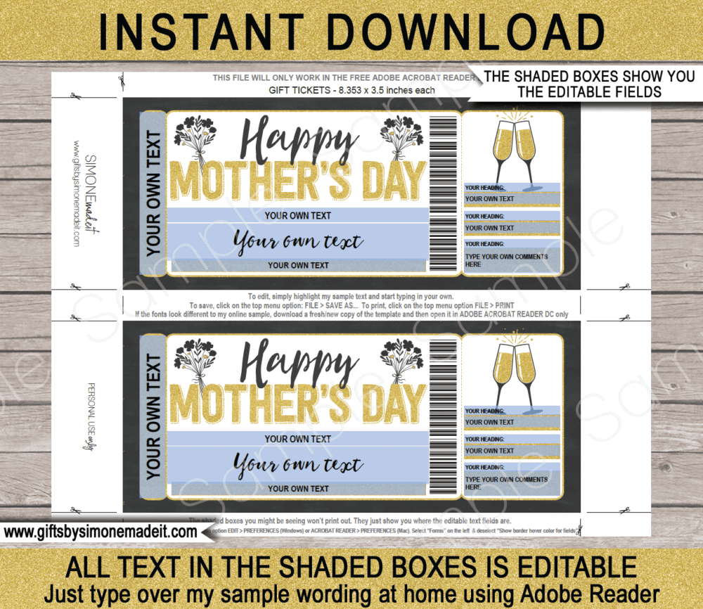 Mothers Day Brunch Coupon Template | Printable Gift Voucher for Mom | Gift Certificate Card | giftsbysimonemadeit.com