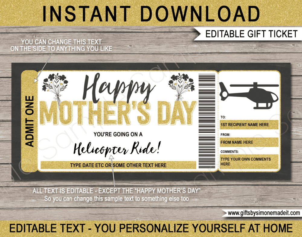Mothers Day Helicopter Ride Coupon Template | DIY Printable Gift Voucher Ticket with Editable Text | Helicopter Tour or Experience Gift Idea | INSTANT DOWNLOAD via www.giftsbysimonemadeit.com