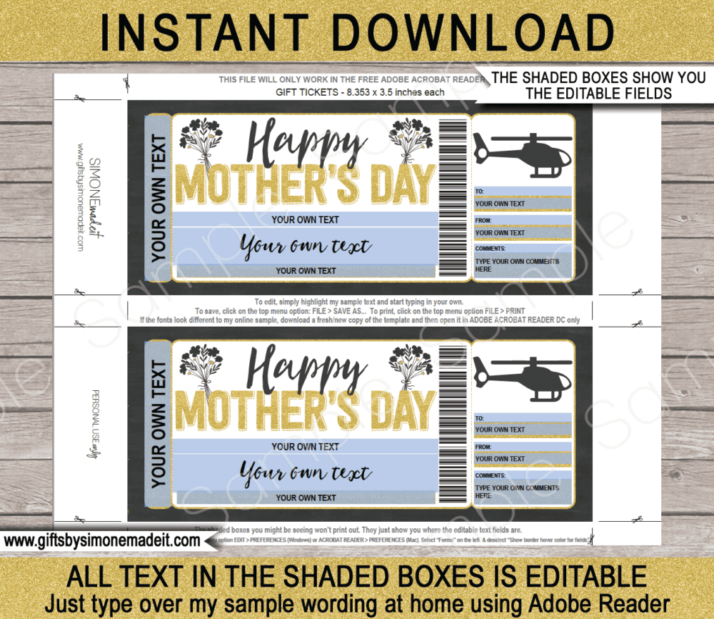 Mothers Day Helicopter Ride Coupon Template | DIY Printable Gift Voucher Ticket with Editable Text | Helicopter Tour or Experience Gift Idea | INSTANT DOWNLOAD via www.giftsbysimonemadeit.com