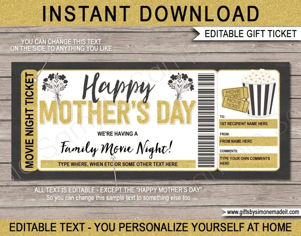 Mothers Day Movie Night Coupon Template | DIY Printable Movie Gift Voucher Ticket with Editable Text | Family Movie Night | Gift Idea | INSTANT DOWNLOAD via giftsbysimonemadeit.com