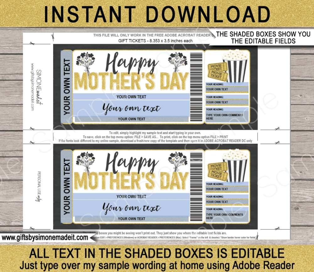 Mothers Day Movie Night Coupon Template | DIY Printable Movie Gift Voucher Ticket with Editable Text | Family Movie Night | Gift Idea | INSTANT DOWNLOAD via giftsbysimonemadeit.com