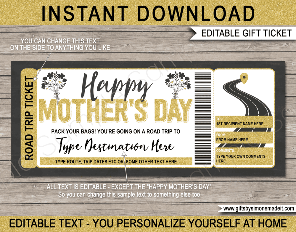 Mothers Day Road Trip Coupon Template | Gift Ticket | DIY Printable Voucher Certificate Card with Editable Text | Driving Holiday by Car, RV, Motorhome, Motorbike | INSTANT DOWNLOAD via giftsbysimonemadeit.com