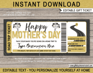 Mothers Day Road Trip Coupon Template | Gift Ticket | DIY Printable Voucher Certificate Card with Editable Text | Driving Holiday by Car, RV, Motorhome, Motorbike | INSTANT DOWNLOAD via giftsbysimonemadeit.com