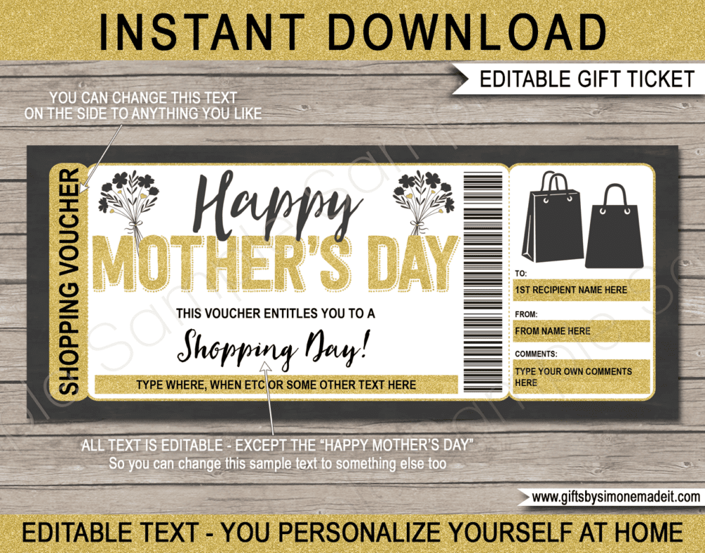 Mothers Day Shopping Spree Coupon Template | Shopping Day Out | Shopping Trip Gift Voucher Card Certificate DIY Printable with Editable Text | INSTANT DOWNLOAD via giftsbysimonemadeit.com