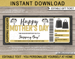 Mothers Day Shopping Spree Coupon Template | Shopping Day Out | Shopping Trip Gift Voucher Card Certificate DIY Printable with Editable Text | INSTANT DOWNLOAD via giftsbysimonemadeit.com