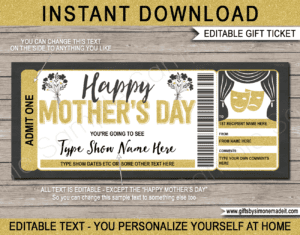 Mothers Day Show Ticket Voucher Template | Surprise Show Coupon | Broadway Show | West End | Theatre Production | Faux or Fake Show Ticket | DIY Editable & Printable Template | Instant Download via giftsbysimonemadeit.com