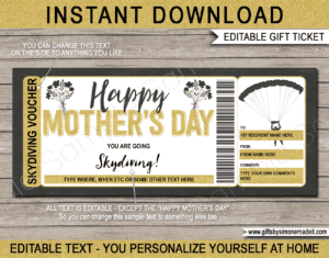 Mothers Day Skydiving Ticket Template | Gift Coupon Voucher Certificate Card DIY Printable with Editable Text | Sky Diving | INSTANT DOWNLOAD via giftsbysimonemadeit.com