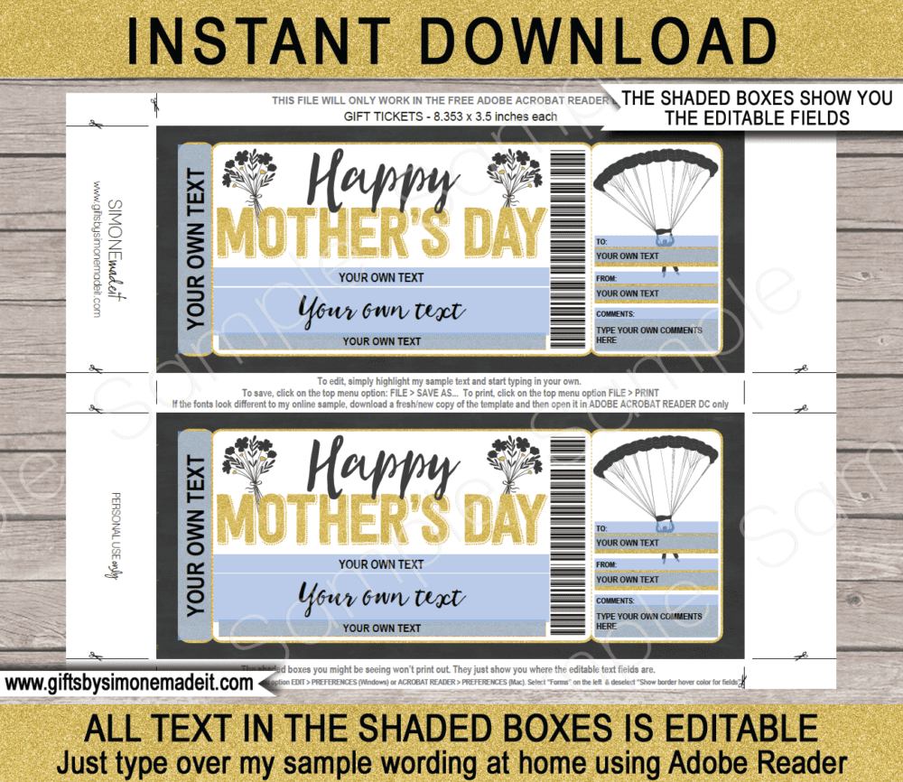 Mothers Day Skydiving Ticket Template | Gift Coupon Voucher Certificate Card DIY Printable with Editable Text | Sky Diving | INSTANT DOWNLOAD via giftsbysimonemadeit.com