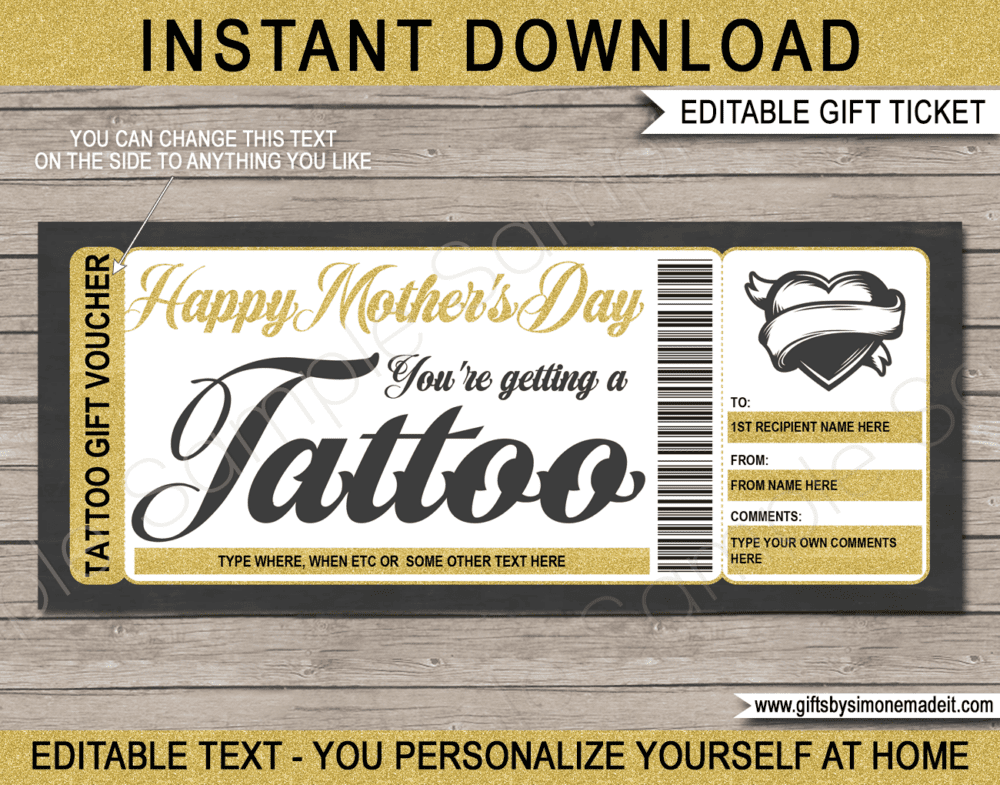 Mothers Day Tattoo Gift Certificate Template | Printable Coupon Voucher | DIY Printable Gift Card with Editable Text | Last Minute Gift Idea for Mom | Get Inked | INSTANT DOWNLOAD via giftsbysimonemadeit.com