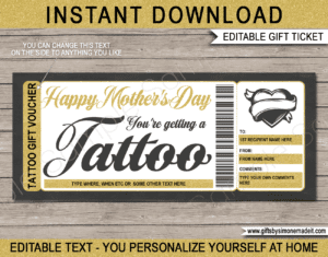 Mothers Day Tattoo Gift Certificate Template | Printable Coupon Voucher | DIY Printable Gift Card with Editable Text | Last Minute Gift Idea for Mom | Get Inked | INSTANT DOWNLOAD via giftsbysimonemadeit.com