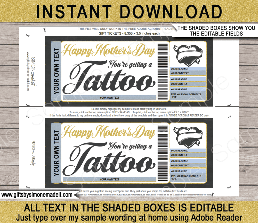 Mothers Day Tattoo Gift Certificate Template | Printable Coupon Voucher | DIY Printable Gift Card with Editable Text | Last Minute Gift Idea for Mom | Get Inked | INSTANT DOWNLOAD via giftsbysimonemadeit.com