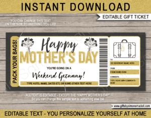 Mothers Day Weekend Away Voucher Template | Hotel Getaway Coupon | Pack Your Bags Gift Ticket | Surprise Trip Reveal Gift Idea | Printable Travel Ticket | Getaway, Hotel Stay, Reservation | INSTANT DOWNLOAD via giftsbysimonemadeit.com