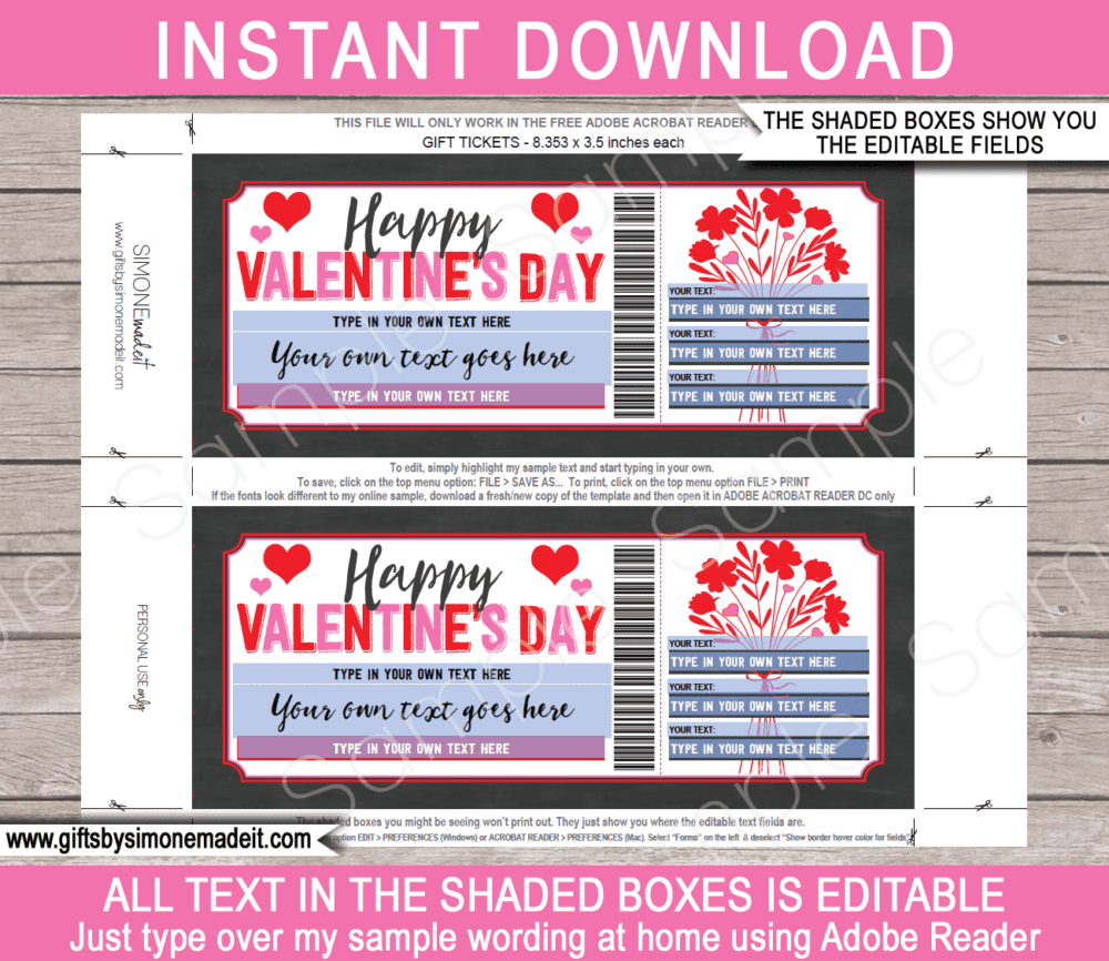 Valentines Day Coupon Template | Printable Gift Voucher, Certificate, Card | Experience or Last Minute Gift Idea | Flower Bouquet | INSTANT DOWNLOAD via giftsbysimonemadeit.com
