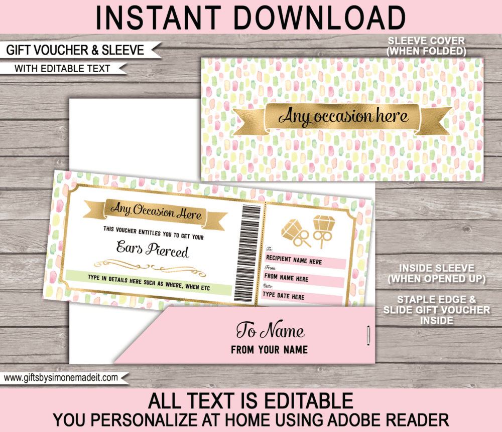 Ear Piercing Gift Voucher Template | DIY Printable Coupon | Gift Certificate Card Ticket | Gift Idea for Tween or Teenage Daughter | Editable Text | Any Occasion - Birthday, Graduation, Congratulations | INSTANT DOWNLOAD via giftsbysimonemadeit.com