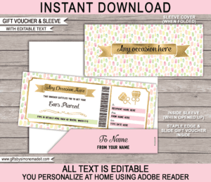 Ear Piercing Gift Voucher Template | DIY Printable Coupon | Gift Certificate Card Ticket | Gift Idea for Tween or Teenage Daughter | Editable Text | Any Occasion - Birthday, Graduation, Congratulations | INSTANT DOWNLOAD via giftsbysimonemadeit.com