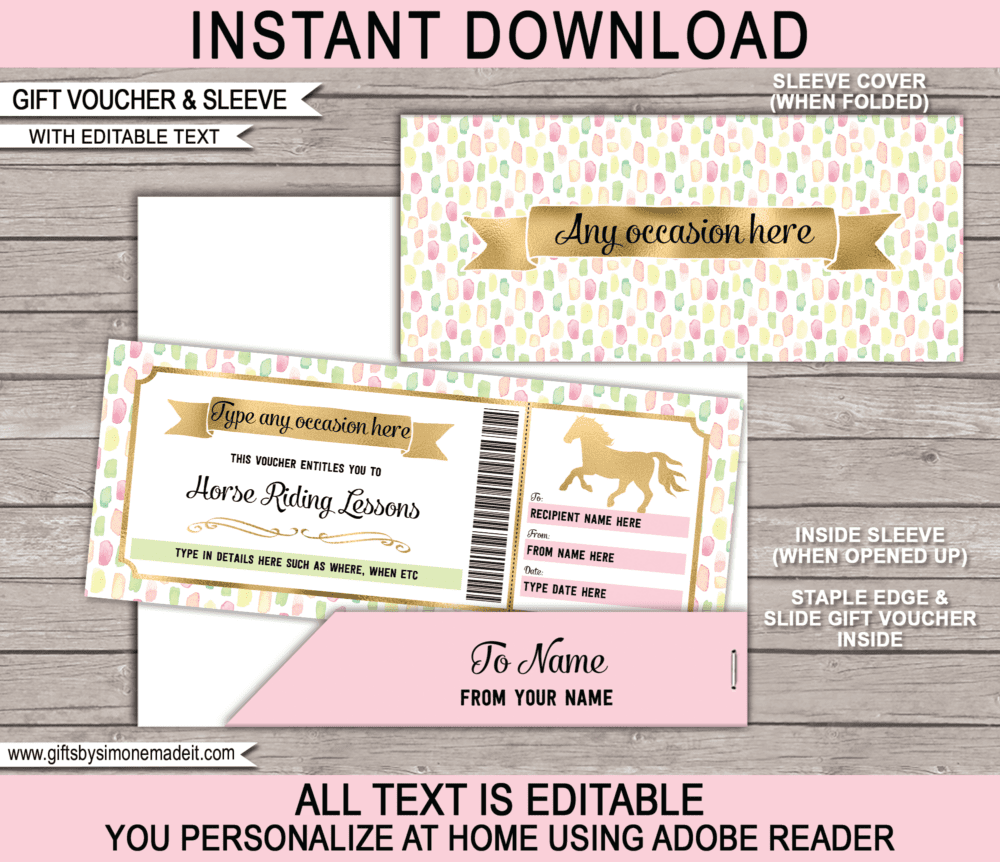 Horse Riding Lessons Coupon Template | DIY Printable Gift Voucher for Pony Rides | Gift Certificate Card Ticket | Gift Idea for Young Kids, Teenage Daughter, Girlfriend, Mom, Wife | Editable Text | Any Occasion - Birthday, Graduation, Congratulations, Mothers Day | INSTANT DOWNLOAD via giftsbysimonemadeit.com