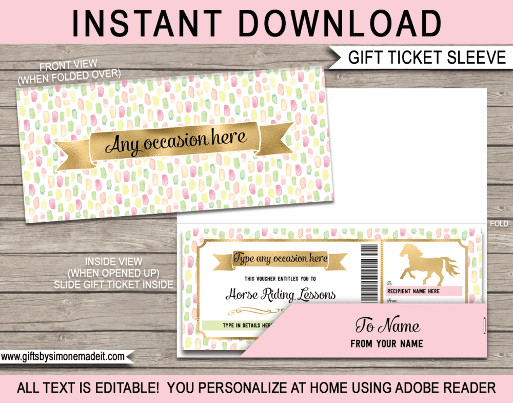 Horse Riding Lessons Coupon Template | DIY Printable Gift Voucher for Pony Rides | Gift Certificate Card Ticket | Gift Idea for Young Kids, Teenage Daughter, Girlfriend, Mom, Wife | Editable Text | Any Occasion - Birthday, Graduation, Congratulations, Mothers Day | INSTANT DOWNLOAD via giftsbysimonemadeit.com