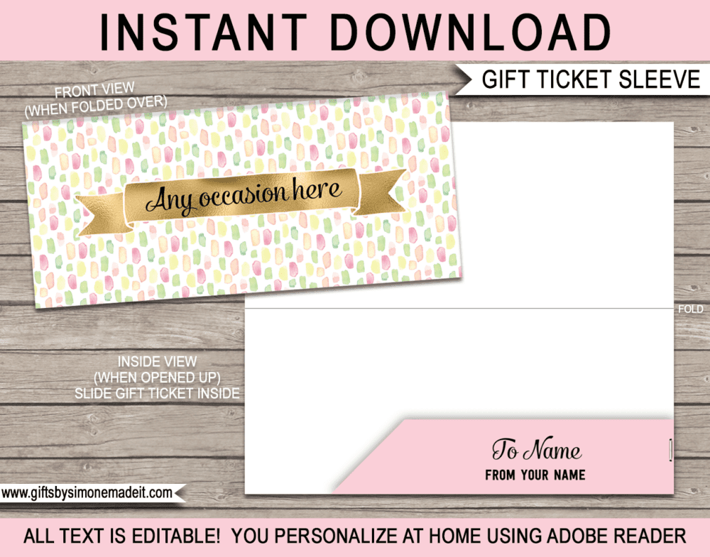 Printable Gift Voucher Pocket Template - Pretty Pastels with Gold Foil