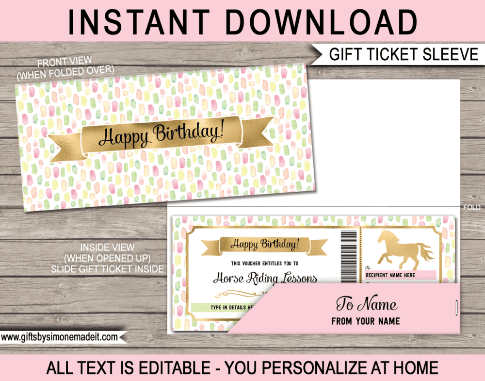 Birthday Horse Riding Lessons Coupon Template | DIY Printable Gift Voucher | Gift Certificate Card Ticket | Gift Idea for Her, Young Kids, Teenage Daughter, Girlfriend, Mom, Wife | Editable Text | INSTANT DOWNLOAD via giftsbysimonemadeit.com