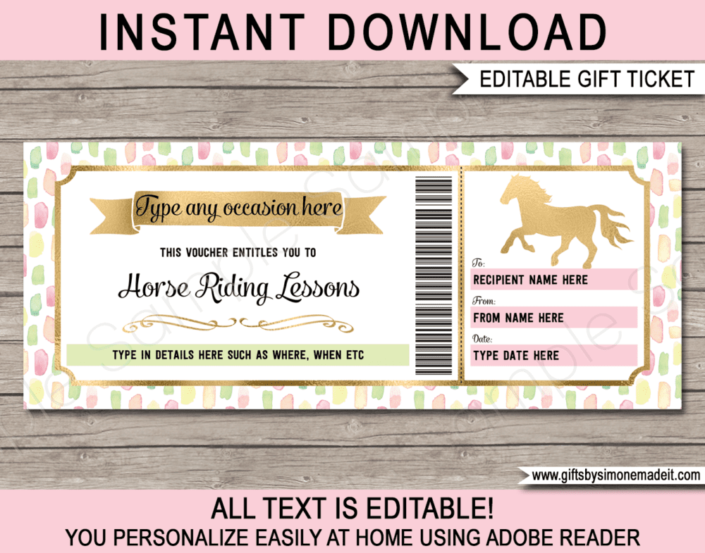 Prinatble Pony or Horse Riding Coupon Template | DIY Printable Gift Voucher | Gift Certificate Card Ticket | Gift Idea for Young Kids, Teenage Daughter, Girlfriend, Mom, Wife | Editable Text | Any Occasion - Birthday, Graduation, Congratulations, Mothers Day | INSTANT DOWNLOAD via giftsbysimonemadeit.com