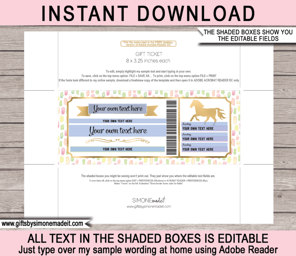 Horse Riding Lessons Coupon Template | DIY Printable Gift Voucher | Gift Certificate Card Ticket | Gift Idea for Young Kids, Teenage Daughter, Girlfriend, Mom, Wife | Editable Text | Any Occasion - Birthday, Graduation, Congratulations, Mothers Day | INSTANT DOWNLOAD via giftsbysimonemadeit.com