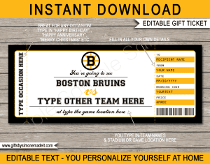 Printable Boston Bruins Gift Ticket Template with editable text