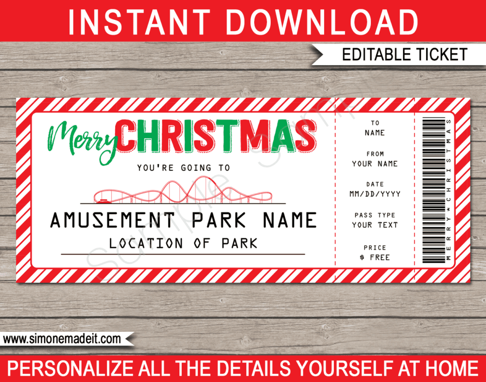 Editable & Printable Christmas Amusement Park Ticket Gift Voucher Template | Theme Park Tickets | Surprise Tickets to an Amusement Park, Theme Park | Fake Park Tickets | Christmas Present | Daily, Season, Yearly Passes | INSTANT DOWNLOAD via giftsbysimonemadeit.com