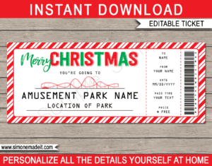 Editable & Printable Christmas Amusement Park Ticket Gift Voucher Template | Theme Park Tickets | Surprise Tickets to an Amusement Park, Theme Park | Fake Park Tickets | Christmas Present | Daily, Season, Yearly Passes | INSTANT DOWNLOAD via giftsbysimonemadeit.com
