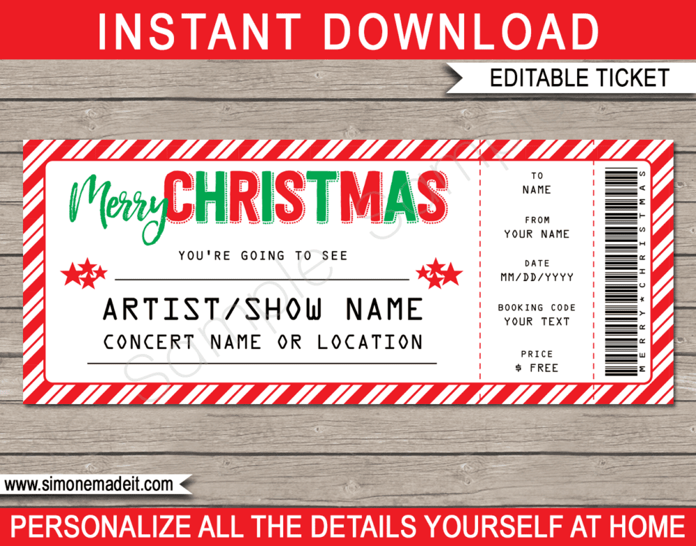 Printable Christmas Gift Concert Ticket | Surprise Tickets to a Concert, Band, Show, Music Festival, Performance, Artist | Fake Concert Ticket | Christmas Present | DIY Editable & Printable Template | Instant Download via simonemadeit.com