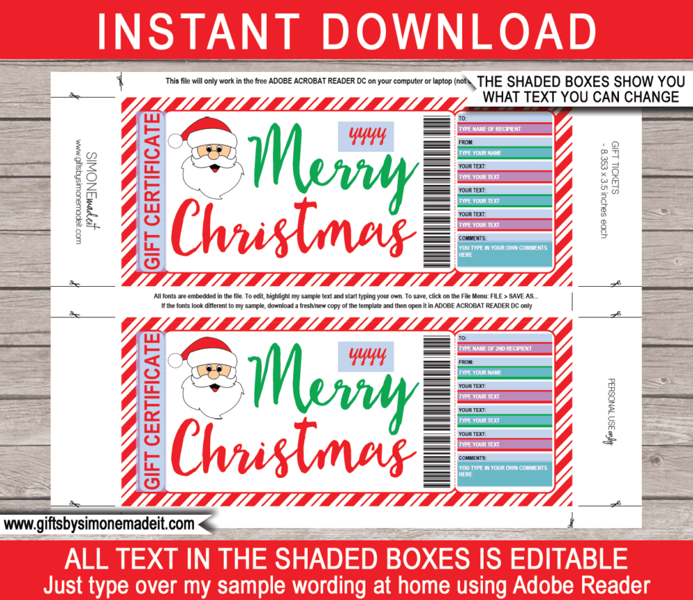 Christmas Santa Gift Certificate Template | Editable & Printable Gift Voucher | Personalized Custom Santa Claus Gift Card | Instant Download via giftsbysimonemadeit.com