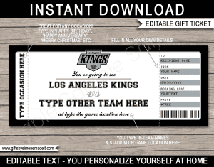 Printable Los Angeles Kings Game Ticket Gift Idea with editable text