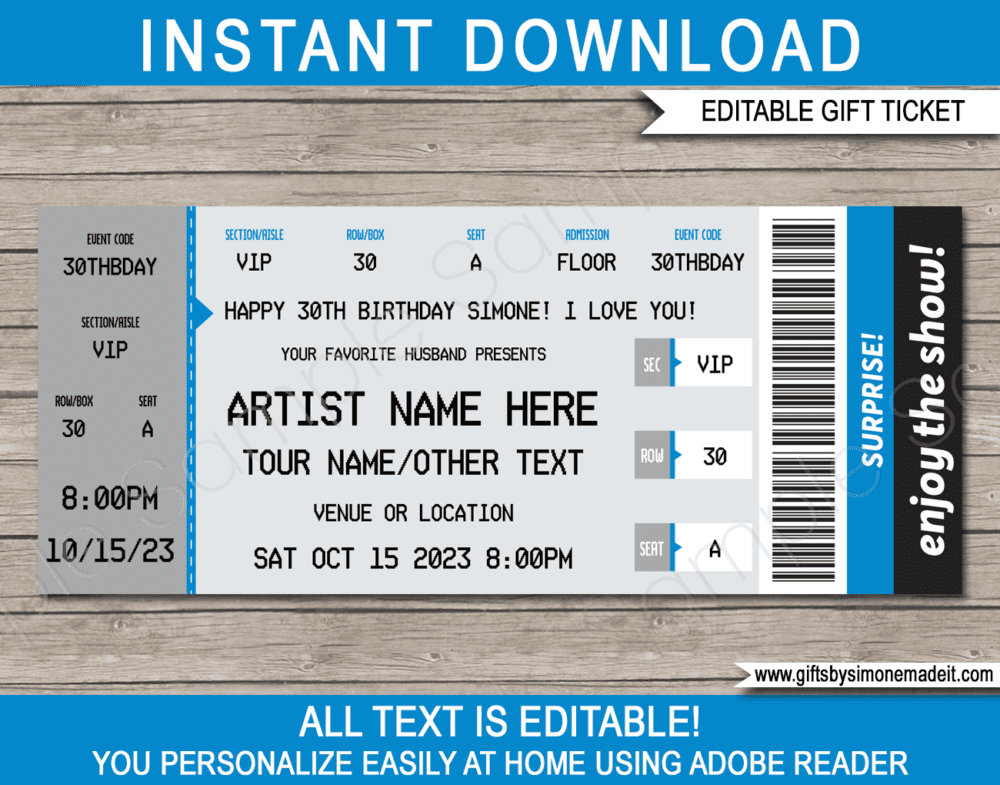 Blue Printable Ticketmaster Concert Ticket Template | Surprise Concert Gift Card, Voucher, Certificate | Concert, Band, Show, Music Festival, Performance, Artist, Performance or Movie | Faux or Fake Concert Ticket | Instant Download via giftsbysimonemadeit.com