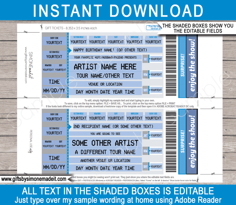 Blue Printable Ticketmaster Concert Ticket Template | Surprise Concert Gift Card, Voucher, Certificate | Concert, Band, Show, Music Festival, Performance, Artist, Performance or Movie | Faux or Fake Concert Ticket | Instant Download via giftsbysimonemadeit.com