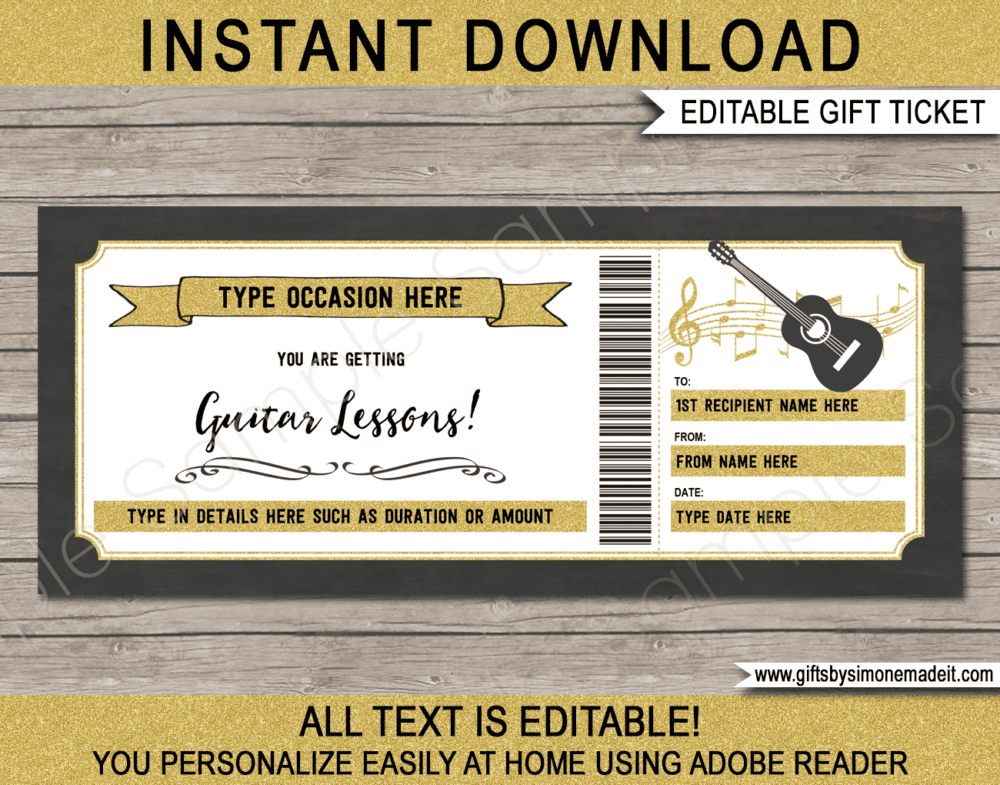 Guitar Lessons Gift Certificate Template | IOU Printable Voucher Card | DIY Printable with Editable Text | INSTANT DOWNLOAD via giftsbysimonemadeit.com
