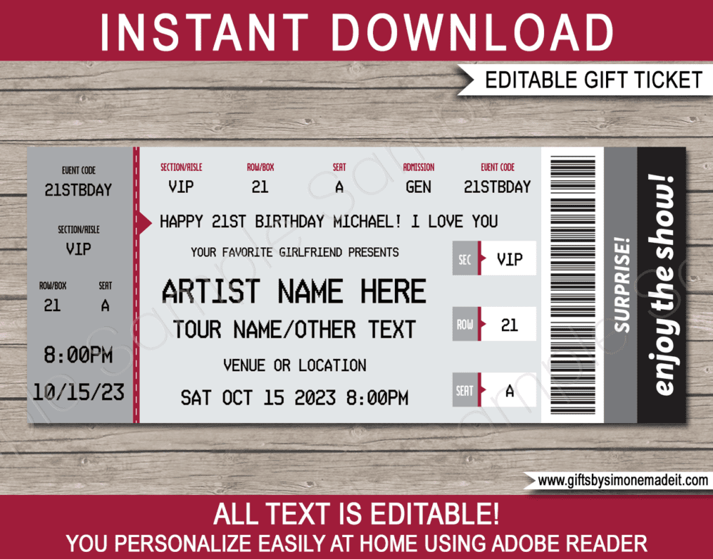 Maroon Printable Ticketmaster Concert Ticket Template | Surprise Concert Gift Card, Voucher, Certificate | Concert, Band, Show, Music Festival, Performance, Artist, Performance or Movie | Faux or Fake Concert Ticket | Instant Download via giftsbysimonemadeit.com