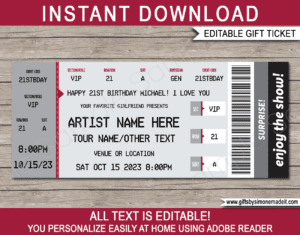 Maroon Printable Ticketmaster Concert Ticket Template | Surprise Concert Gift Card, Voucher, Certificate | Concert, Band, Show, Music Festival, Performance, Artist, Performance or Movie | Faux or Fake Concert Ticket | Instant Download via giftsbysimonemadeit.com