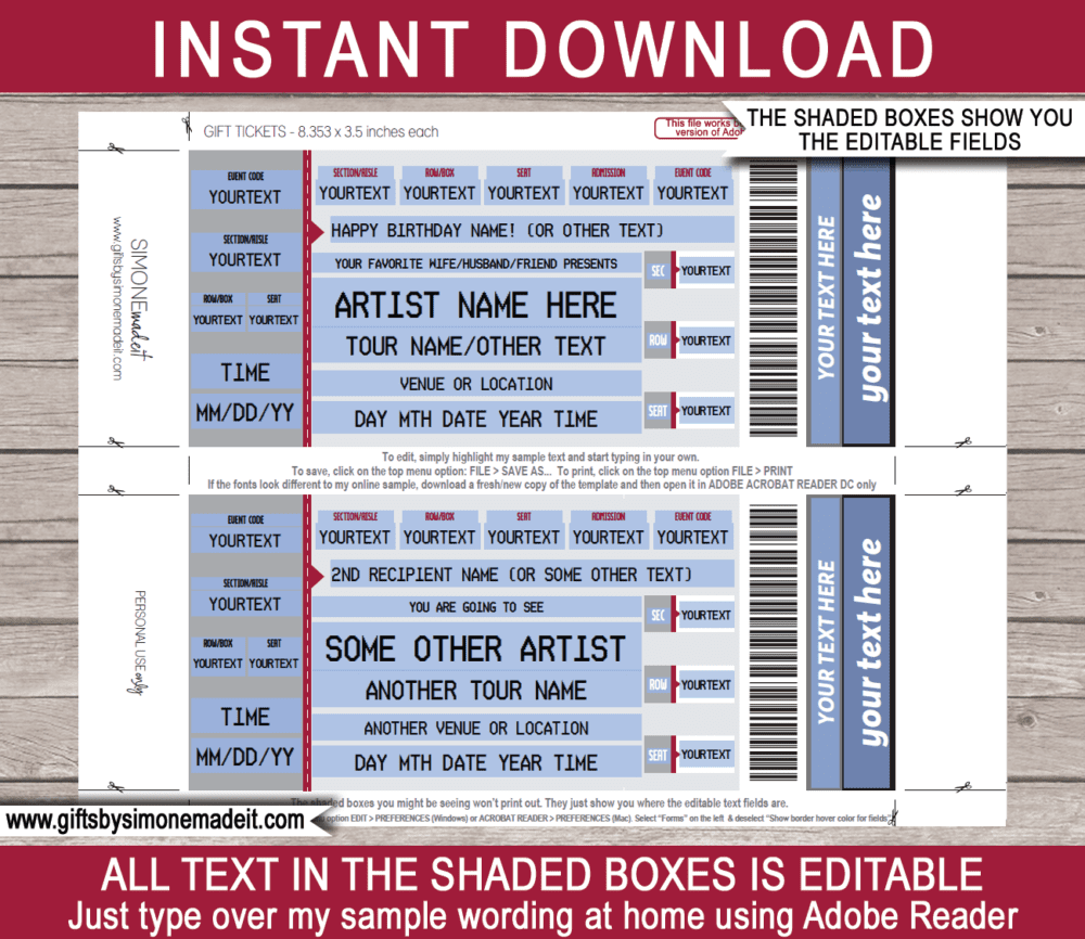 Maroon Printable Ticketmaster Concert Ticket Template | Surprise Concert Gift Card, Voucher, Certificate | Concert, Band, Show, Music Festival, Performance, Artist, Performance or Movie | Faux or Fake Concert Ticket | Instant Download via giftsbysimonemadeit.com